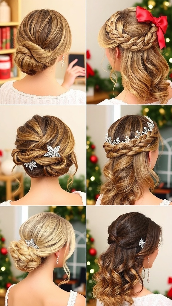 Elegant Christmas Hairstyles Ideas A collection of beautiful Christmas hairstyles including a bun, waves, braids, and curls, decorated for the holiday season.